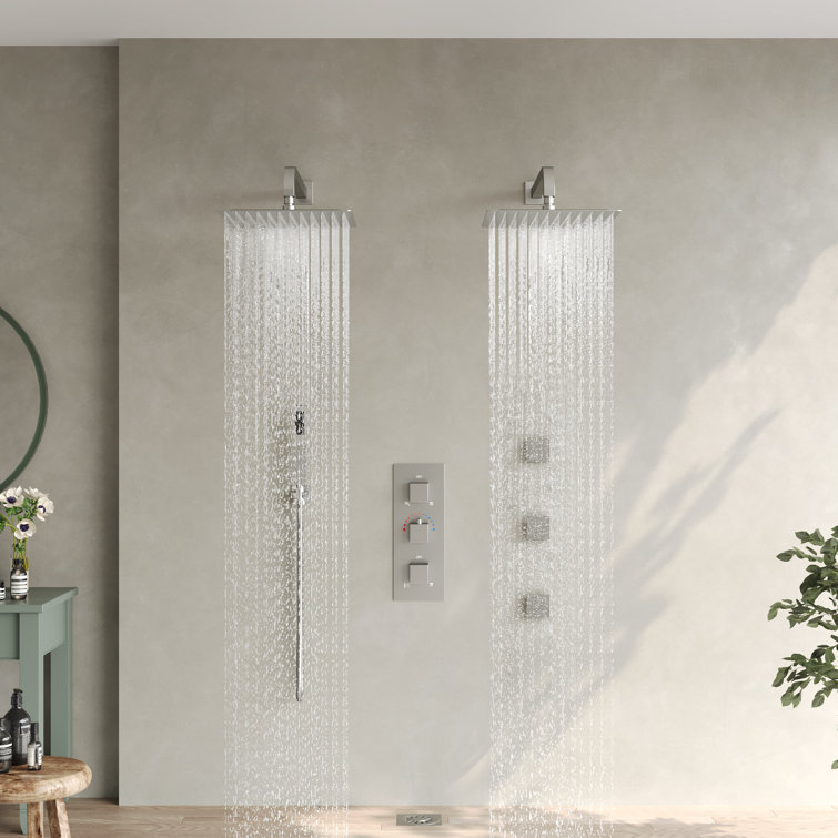 Brushed Nickel Dual 12" Rainfall Shower System with Handheld and Jets