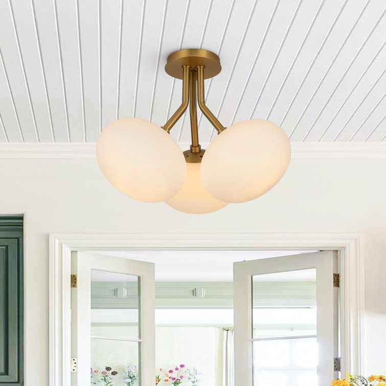 Luxurious Brass and Opal Glass 3-Light Globe Semi Flush Mount