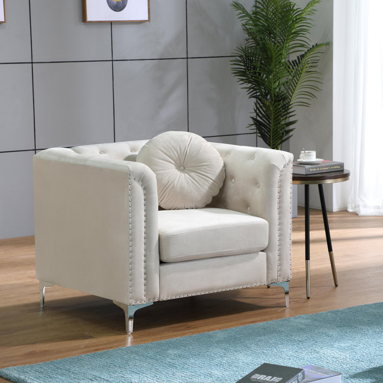 Ivory Velvet Luxe Wood-Trimmed Armchair with Chrome Accents