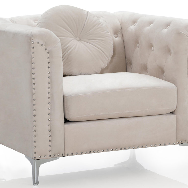 Ivory Velvet Luxe Wood-Trimmed Armchair with Chrome Accents