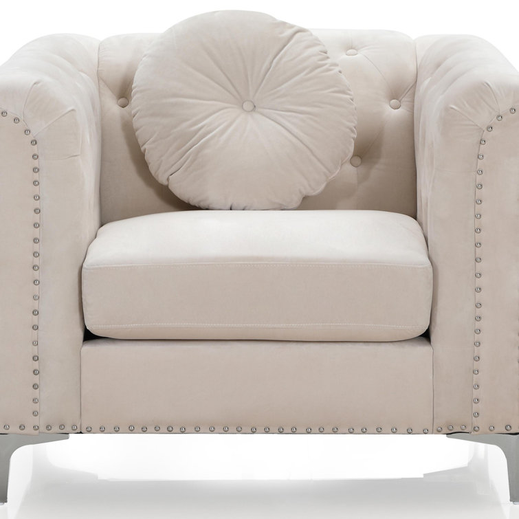 Ivory Velvet Luxe Wood-Trimmed Armchair with Chrome Accents