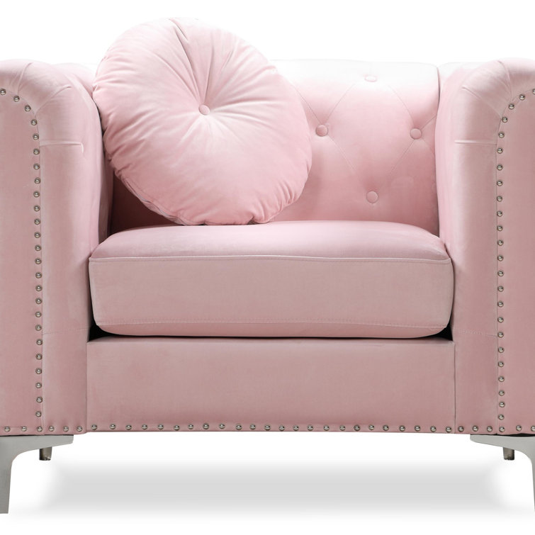 Pompano Plush Pink Velvet Armchair with Chrome Accents