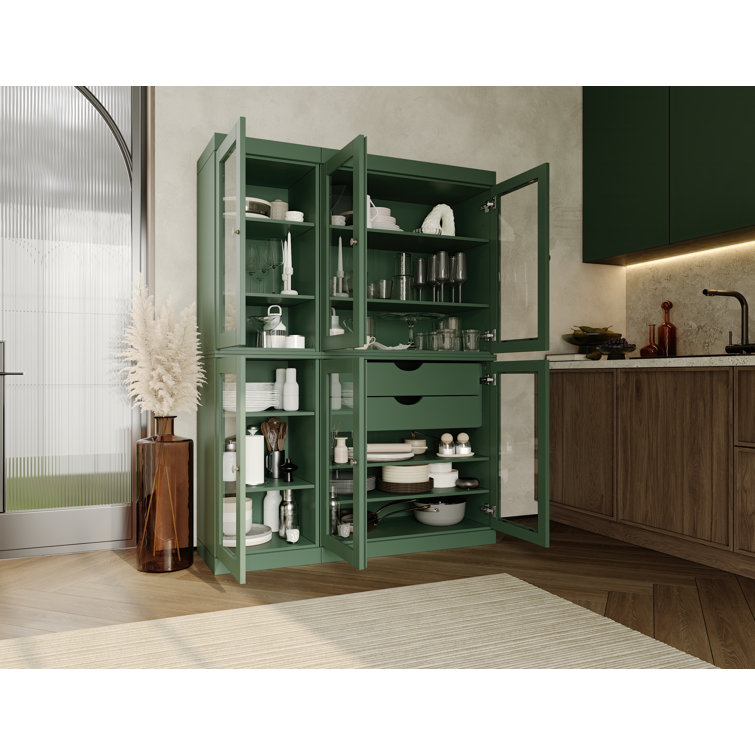 Green Solid Wood China Cabinet with Clear Glass Doors and Adjustable Shelves