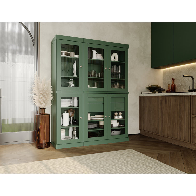 Green Solid Wood China Cabinet with Clear Glass Doors and Adjustable Shelves