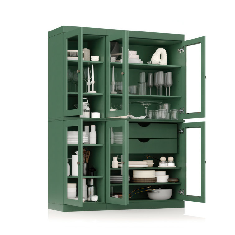 Green Solid Wood China Cabinet with Clear Glass Doors and Adjustable Shelves
