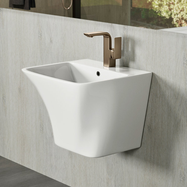 Glossy White Ceramic Wall-Mount Rectangular Vessel Sink with Stainless Steel Drain