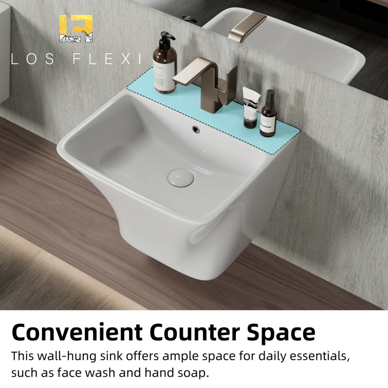 Glossy White Ceramic Wall-Mount Rectangular Vessel Sink with Stainless Steel Drain