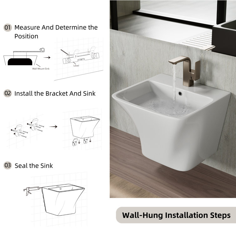Glossy White Ceramic Wall-Mount Rectangular Vessel Sink with Stainless Steel Drain