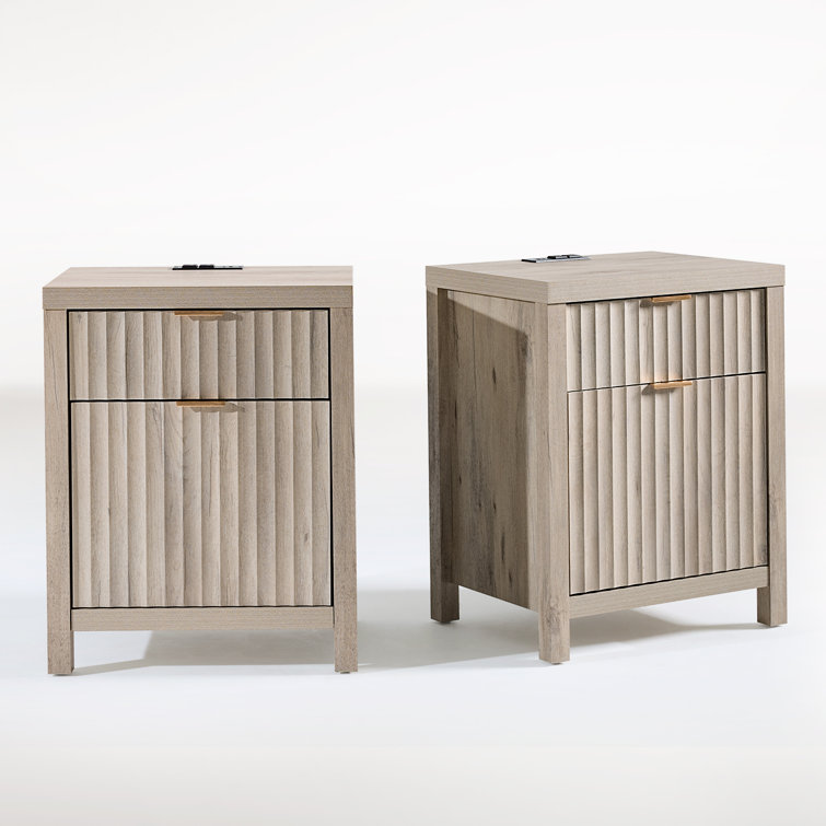 Greige Oak 2-Drawer Nightstand with Built-In Charging Station, Set of 2