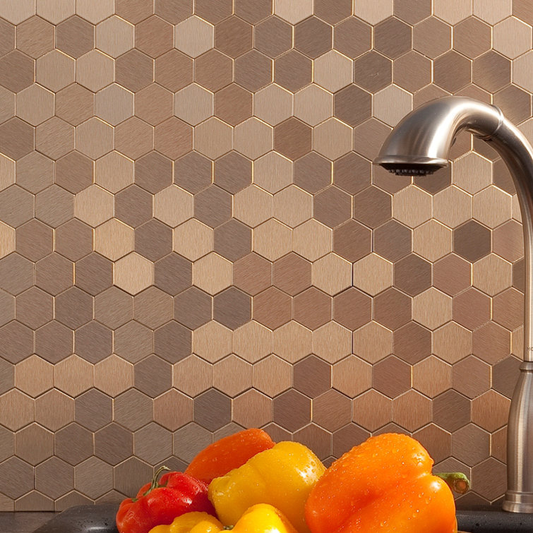 Champagne Honeycomb Peel and Stick Metal Wall Tile Kit