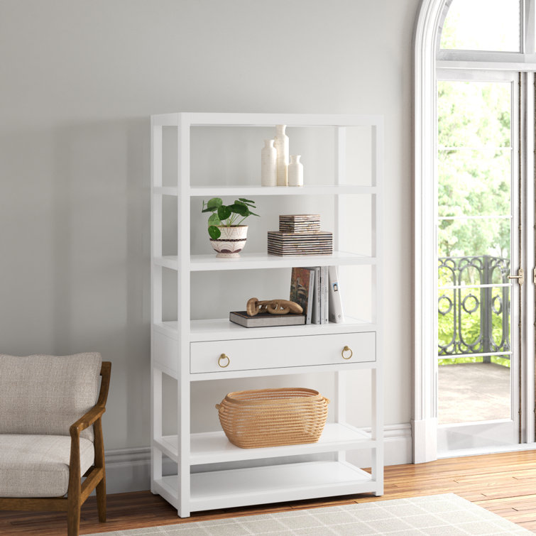 Elevated Elegance White Acacia Wood Etagere Bookcase with Gold Hardware