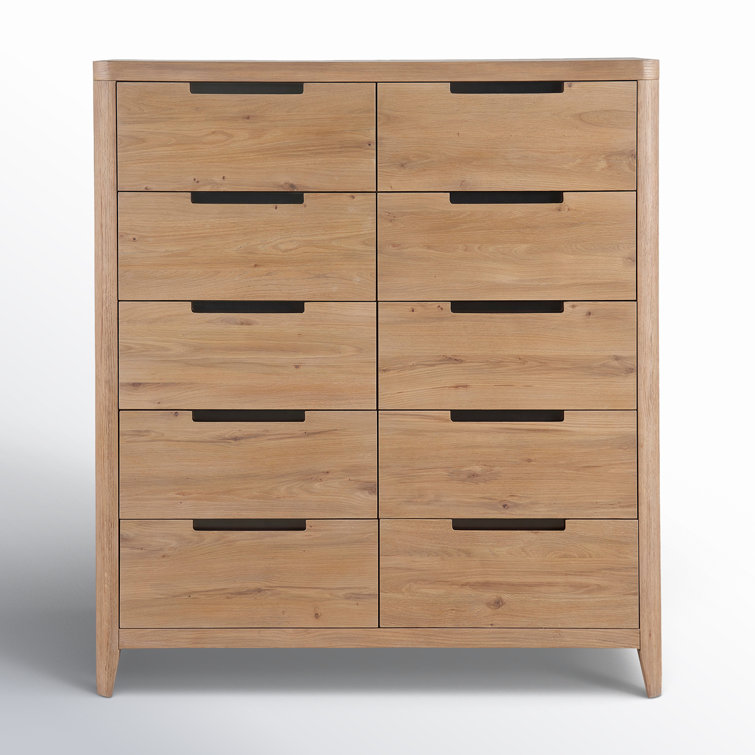 Natural Oak 10-Drawer Modern Chest with Dark Pulls