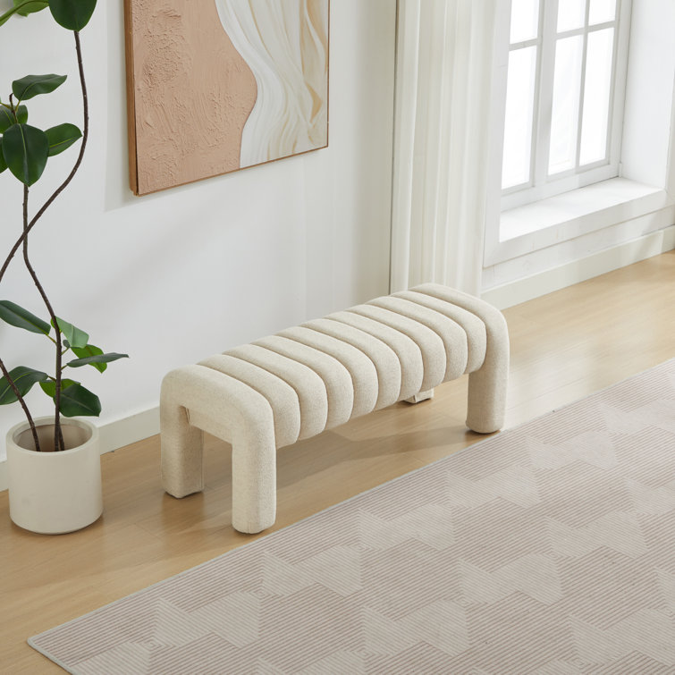 Beige Linen Upholstered Bedroom Bench with Solid Wood Legs