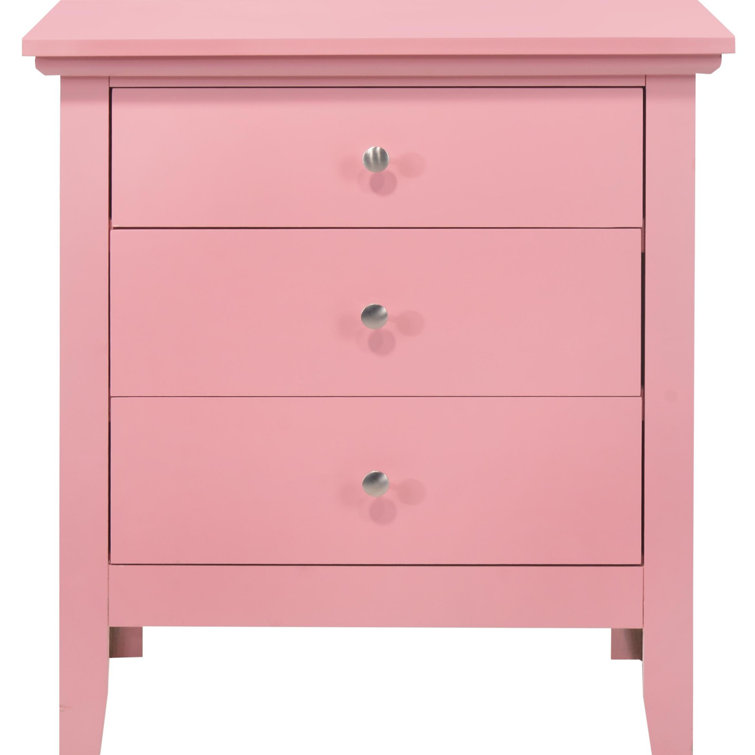 Transitional Pink 3-Drawer Nightstand with Nickel Accents