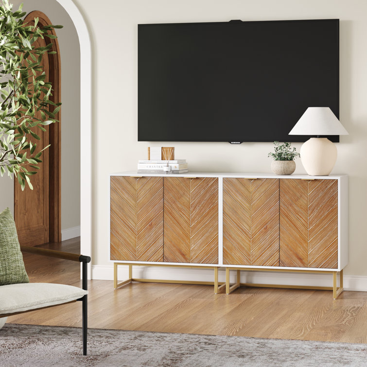 White and Brown Herringbone Freestanding Accent Cabinet with Adjustable Shelving