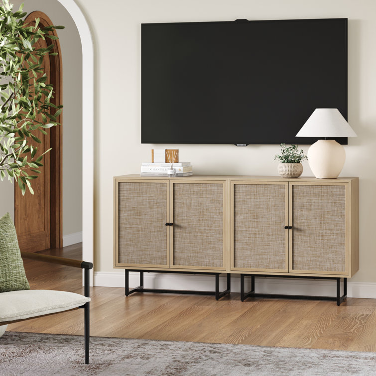 Light Oak and Cane Freestanding Storage Cabinet with Adjustable Shelves