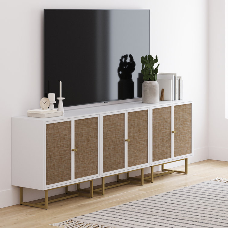 White and Natural Rattan Freestanding Cabinet with Adjustable Shelving
