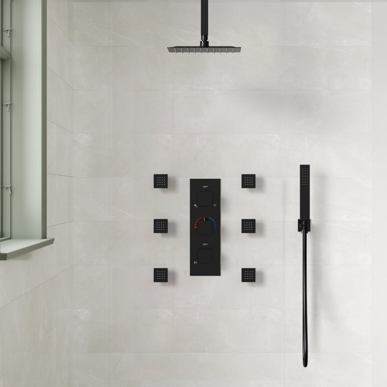 Matte Black 12" Ceiling Mounted Rainfall Shower System with Jets