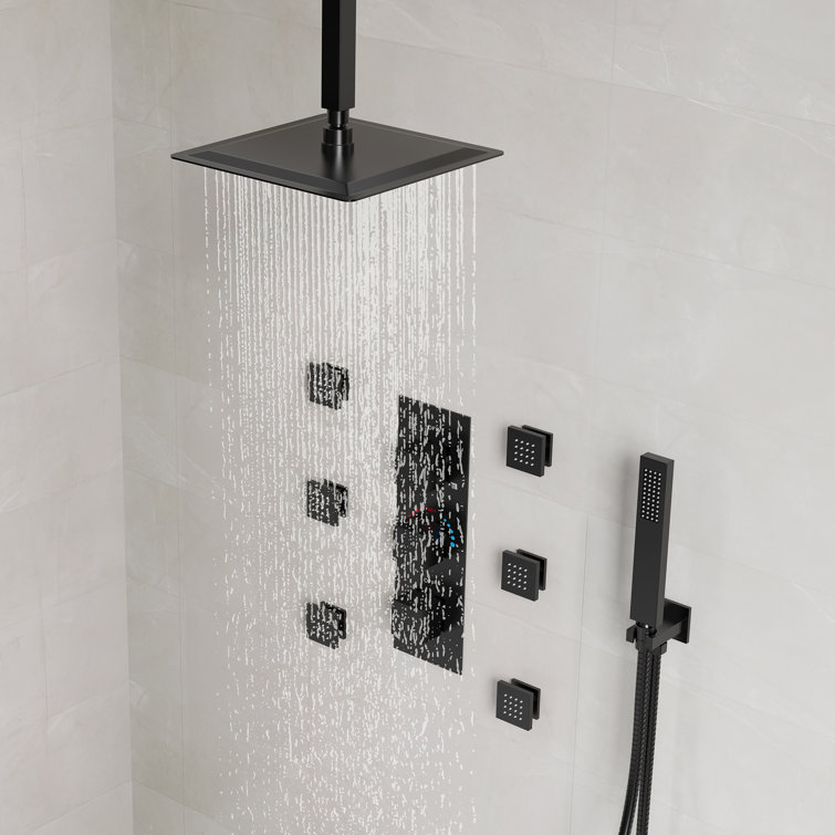Matte Black 12" Ceiling Mounted Rainfall Shower System with Jets
