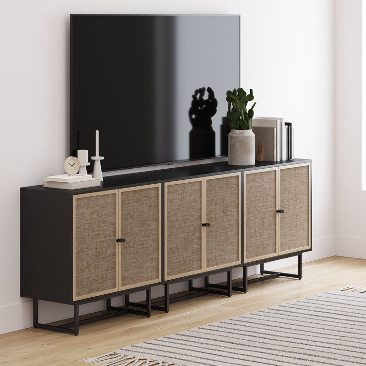Black Oak and Rattan Freestanding Cabinet with Adjustable Shelves