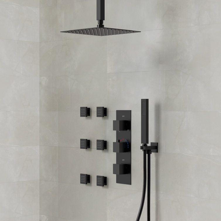 Matte Black 12" Ceiling Mounted Rainfall Shower System with Jets