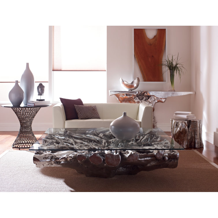 Transitional Silver Leaf Square Coffee Table with Glass Top