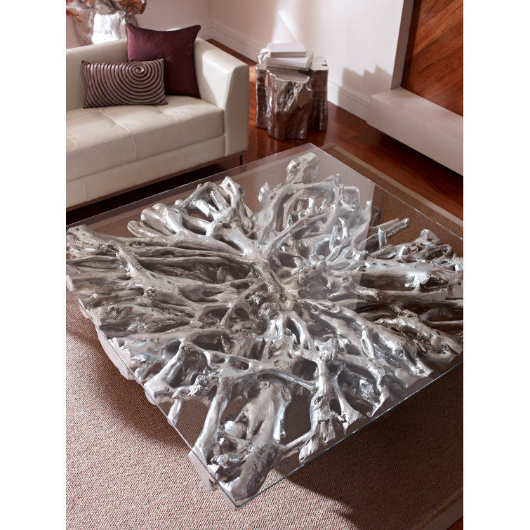 Transitional Silver Leaf Square Coffee Table with Glass Top