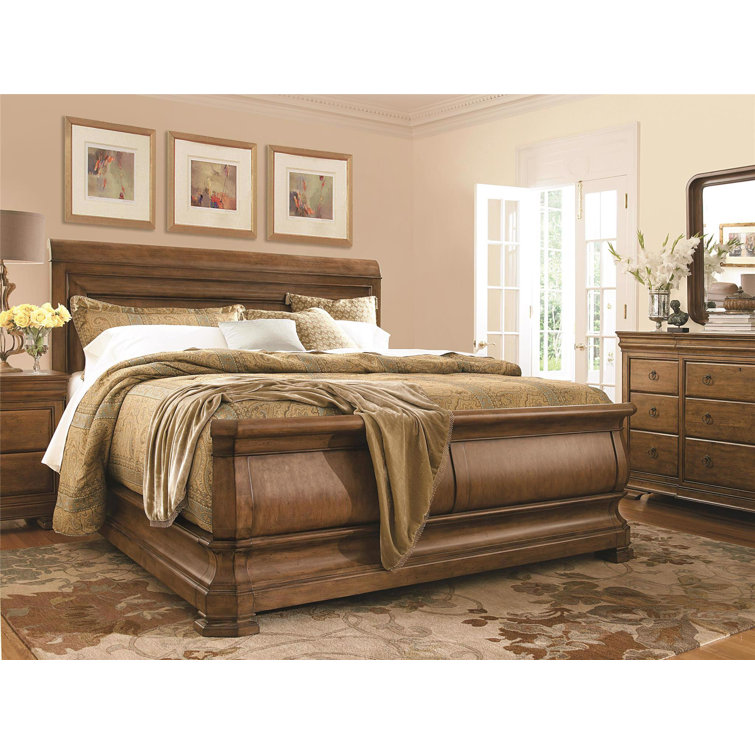 California King Brown Wood Sleigh Bed with Headboard