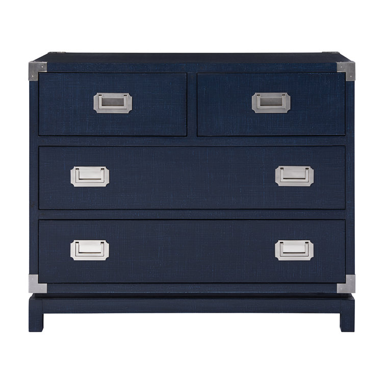 Navy Blue Coastal Wood Campaign Chest with Dovetail Drawers