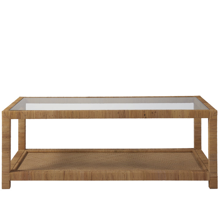 Coastal Charm 50'' Brown Wood and Glass Rectangular Coffee Table with Storage