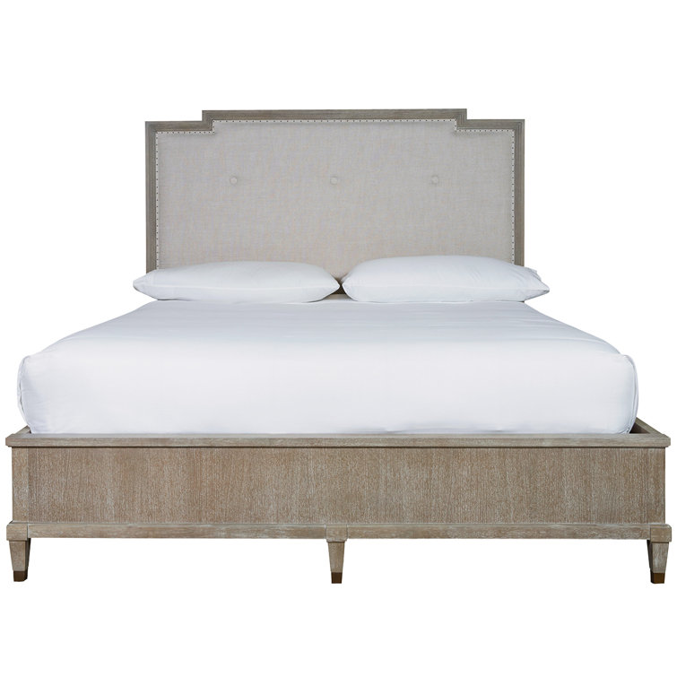 Smoke Gray King Upholstered Panel Bed with Nailhead Trim