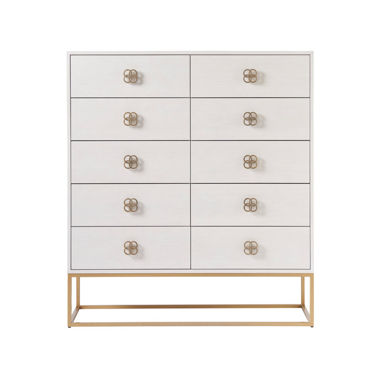White and Gold 10-Drawer Hardwood Chest with Dovetail Drawer