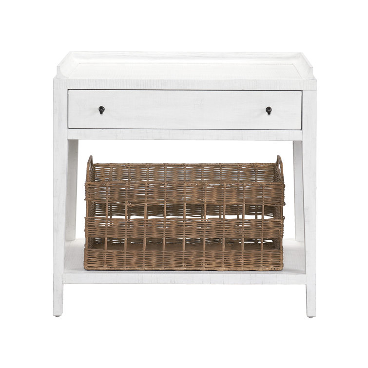 White Transitional Nightstand with Wicker Basket and Drawer