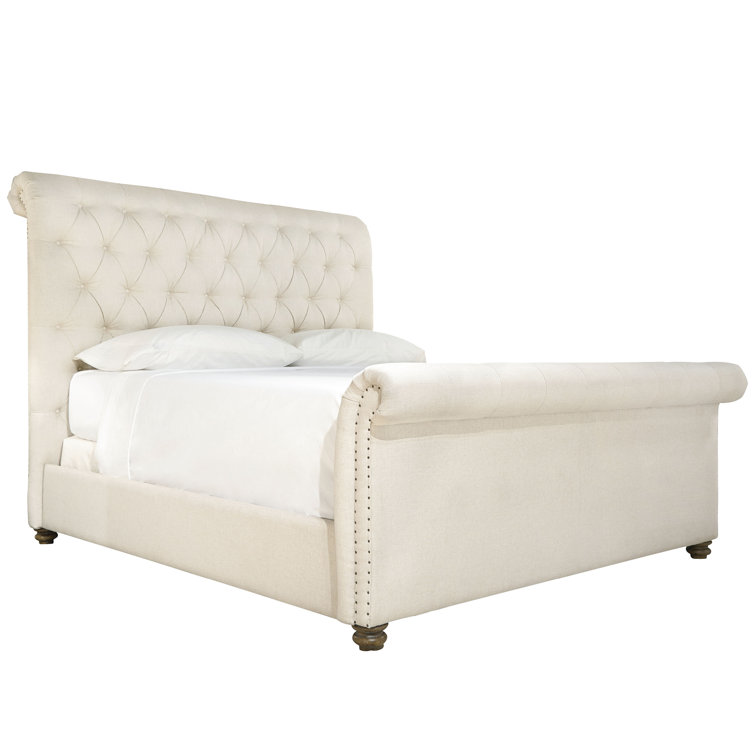 King Size Beige Upholstered Sleigh Bed with Nailhead Trim