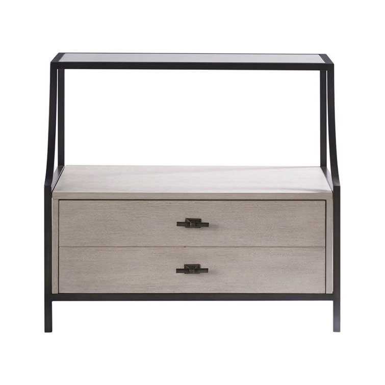 Beige Oak and Metal 1-Drawer Nightstand with Open Shelf