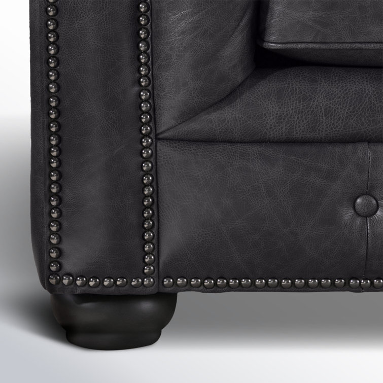 Espresso Finish 95" Grey Genuine Leather Chesterfield Sofa