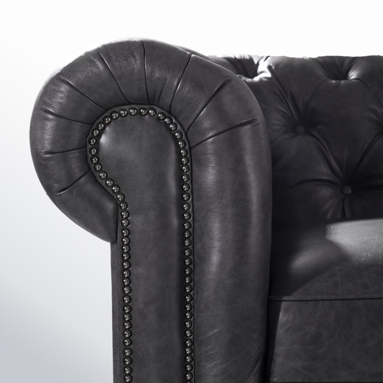 Espresso Finish 95" Grey Genuine Leather Chesterfield Sofa