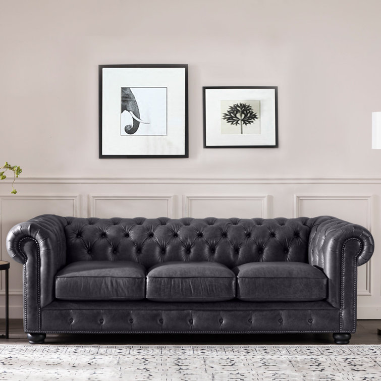 Espresso Finish 95" Grey Genuine Leather Chesterfield Sofa