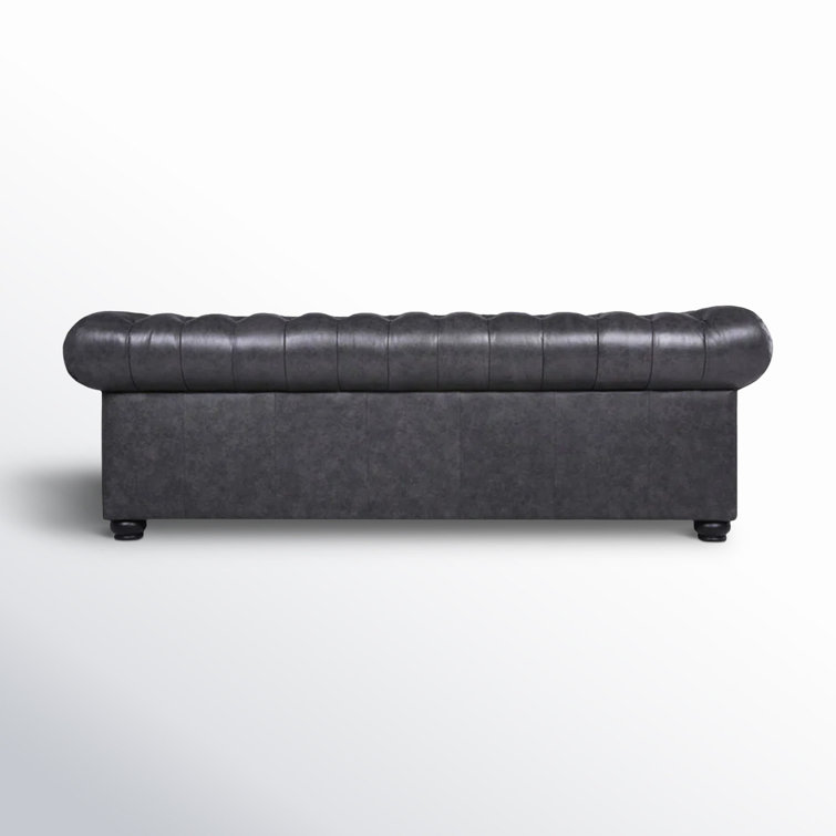Espresso Finish 95" Grey Genuine Leather Chesterfield Sofa