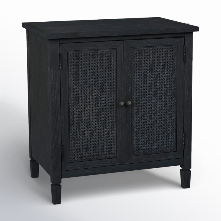 Washed Black Mindi Wood Cane Cabinet with Bronze Hardware