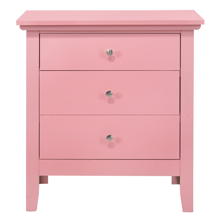 Transitional Pink 3-Drawer Nightstand with Nickel Accents