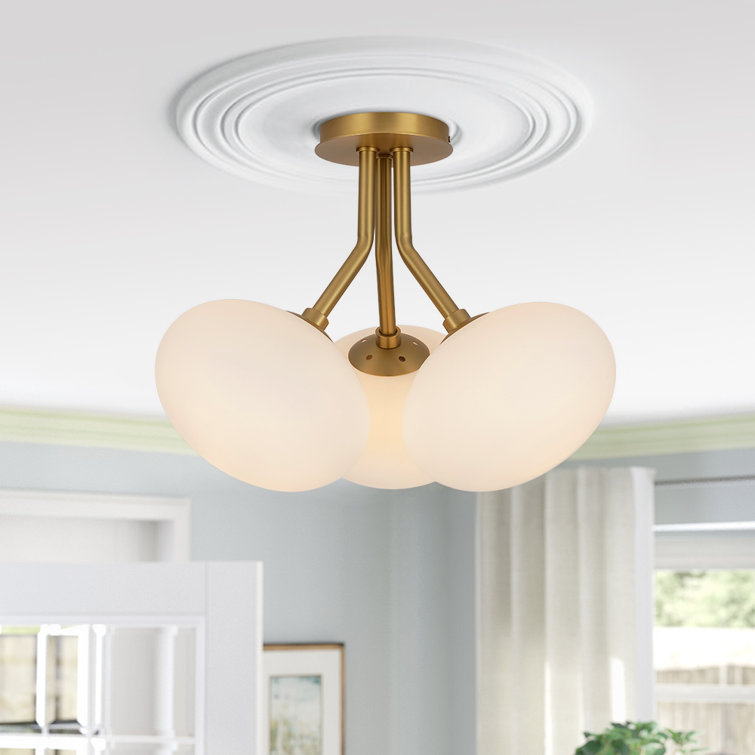 Luxurious Brass and Opal Glass 3-Light Globe Semi Flush Mount