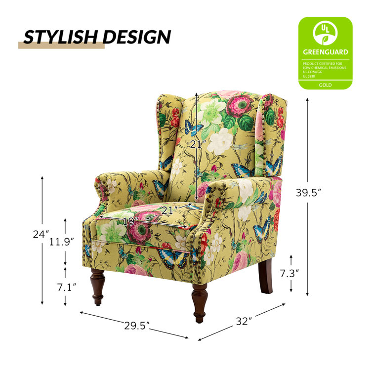 Mustard Floral Polyester Wingback Chairs with Nailhead Trim, Set of 2