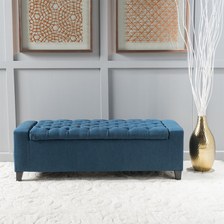 Dark Blue Tufted Fabric Storage Ottoman with Birch Legs