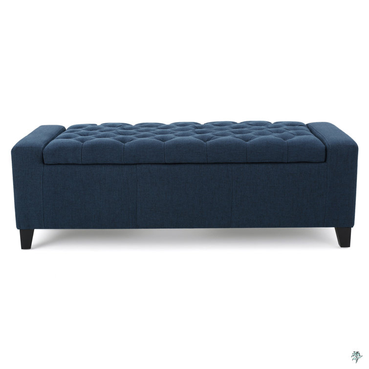 Dark Blue Tufted Fabric Storage Ottoman with Birch Legs