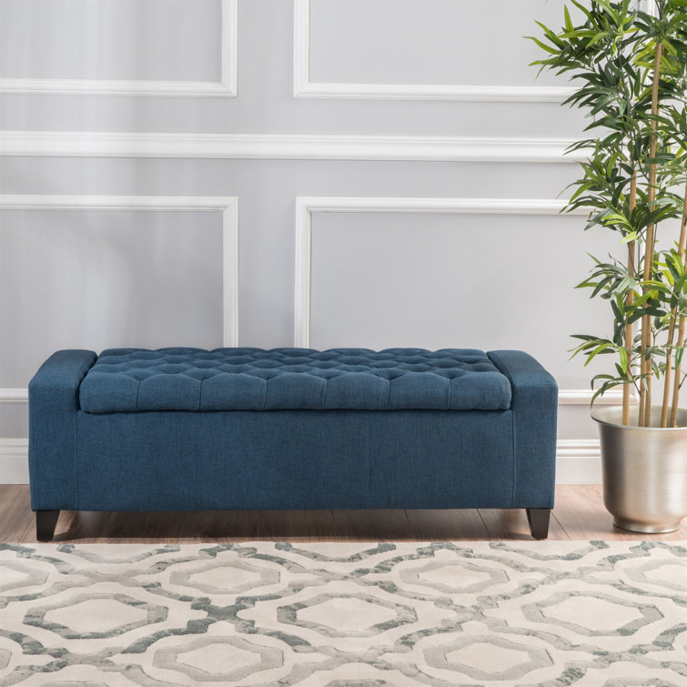 Dark Blue Tufted Fabric Storage Ottoman with Birch Legs