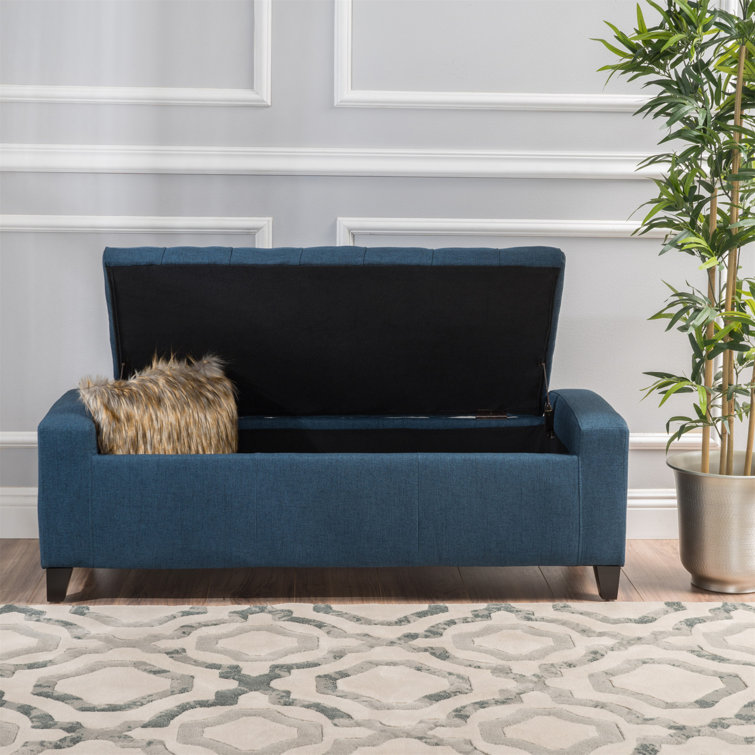 Dark Blue Tufted Fabric Storage Ottoman with Birch Legs