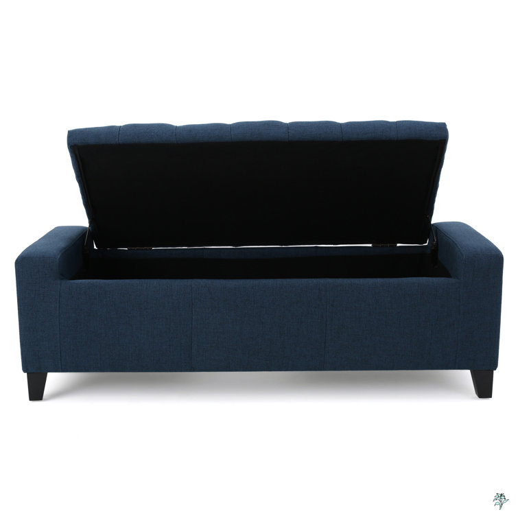 Dark Blue Tufted Fabric Storage Ottoman with Birch Legs