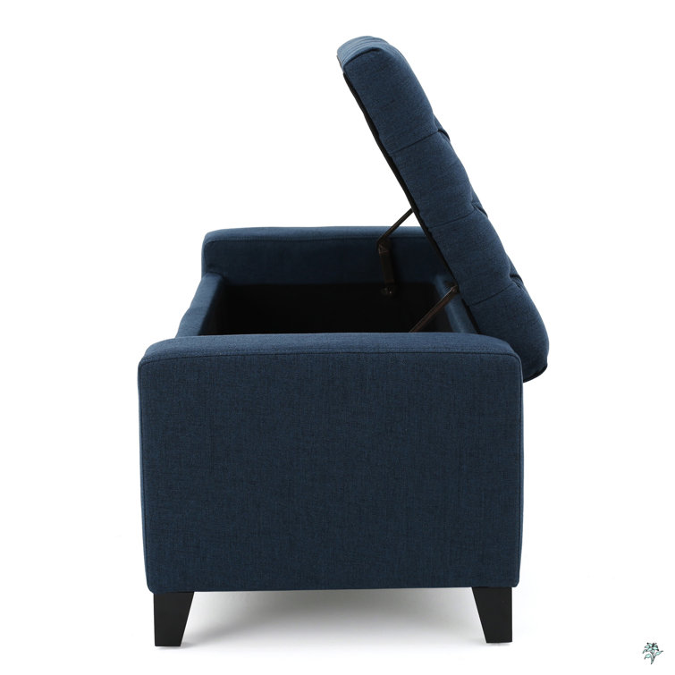 Dark Blue Tufted Fabric Storage Ottoman with Birch Legs