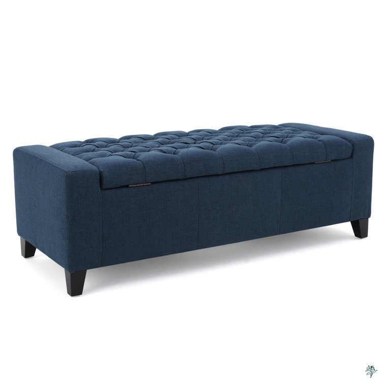 Dark Blue Tufted Fabric Storage Ottoman with Birch Legs